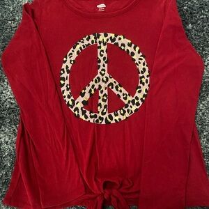 Old Navy Red Long-Sleeve Tie-Front Top with Leopard Peace Sign